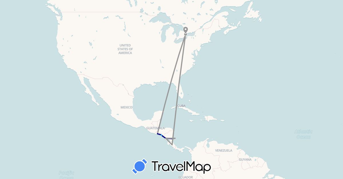 TravelMap itinerary: driving, plane, boat in Canada, Costa Rica, Nicaragua, El Salvador (North America)